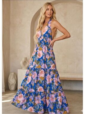 Lottie & Holly Millie Coquette Floral Halter Tiered Open Smock Back Maxi Dress L